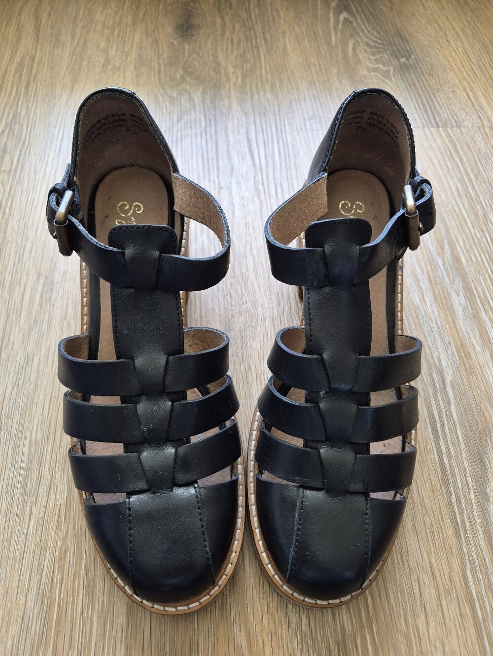 Seychelles Black Leather Strappy Caged Block Heel Sandal Shoe Women's Size 7.5 - Picture 4 of 12